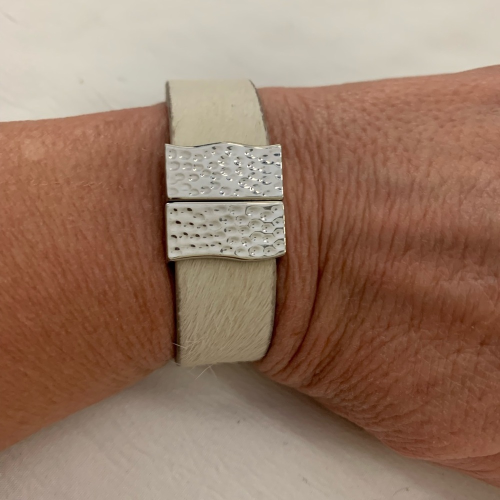 Rustic Cuff White Lambskin Genuine Leather Wrap Magnetic Closure 6.5”